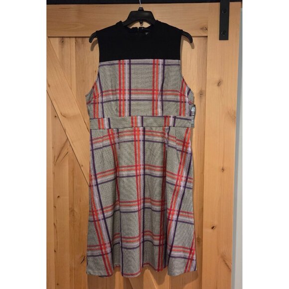 New! Mock Neck Purple Red Gray Plaid NY&Co. Dress Sz XL Pockets Academia Midi - Picture 1 of 16